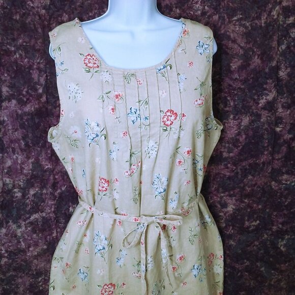 Vintage 90s White Stag Linen Floral Maxi Dress XL Pin-Tucks Side-Slits Belted - Picture 3 of 13